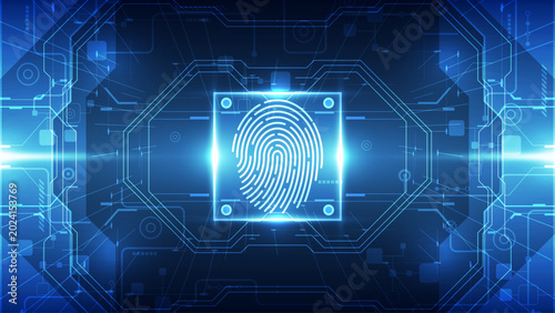 Futuristic Biometric Fingerprint Scan: Glowing Security Authentication Identification on Blue Digital Circuit Background