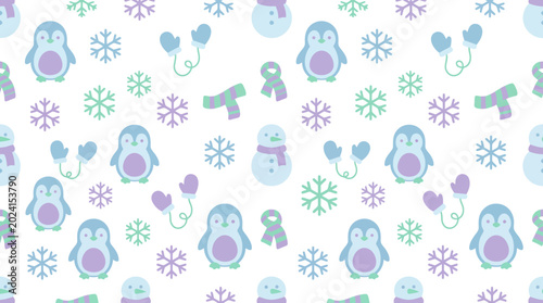 Tablou pe pânză Winter themed seamless pattern featuring cute blue and purple animals with snowflakes in a playful repeating design