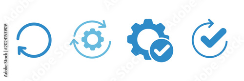 Photography Sync process, reload icon set, circle arrow with gear wheel, recycling recurrenc