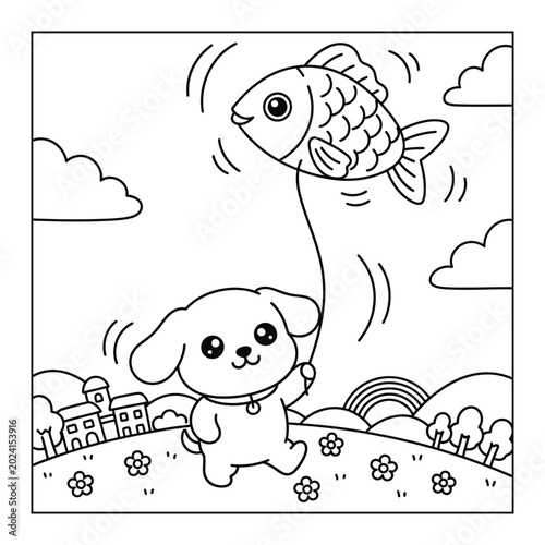 Fotografia Puppy flying a fish shaped kite in a meadow with a rainbow is a cute hand drawn