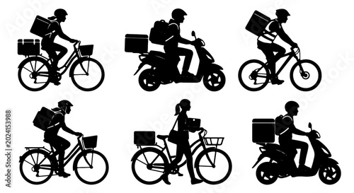 Photography Delivery Service Icons: Cyclist and Scooter Rider Silhouettes, Food Courier Vect