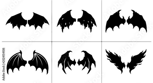 Photos Six Black Silhouette Wing Icons, Fantasy Creature Wings, Demon Wings, Angel Wing