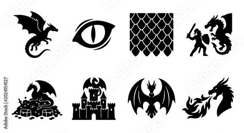 Fotografi Fantasy Dragon Icons Set, Mythical Creature Silhouettes, Medieval Castle, Knight