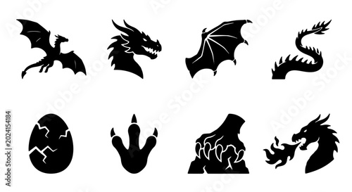 Obraz na plátne Mythical Dragon Icons Set, Fantasy Creature Silhouettes, Magical Beast Vector Gr