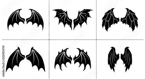 Foto Six Black Bat Wings Vector Icons, Gothic Angel Demon Silhouette Elements, Fantas