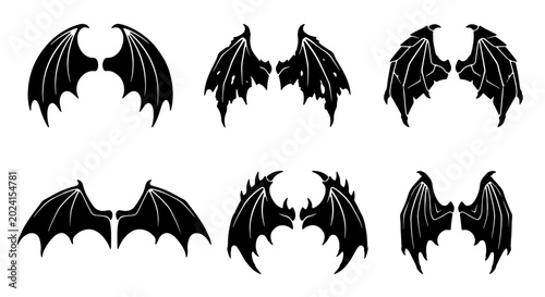 Foto Set of 6 Black Dragon Wings, Gothic Bat Wings Vector Icons, Fantasy Creature Emb