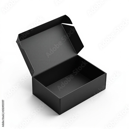 Rigid charcoal black cardboard shoe box mockup isolated on white background, unbranded top angle packaging design