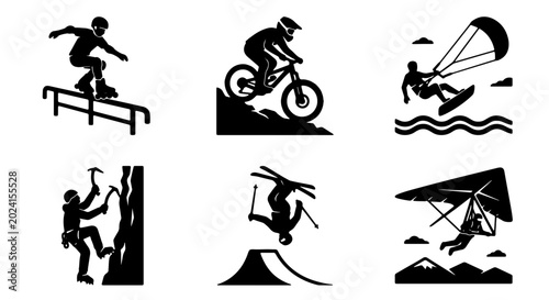 Tableau sur toile Extreme Sports Icons Set: Snowboarding, Mountain Biking, Kitesurfing, Rock Climb