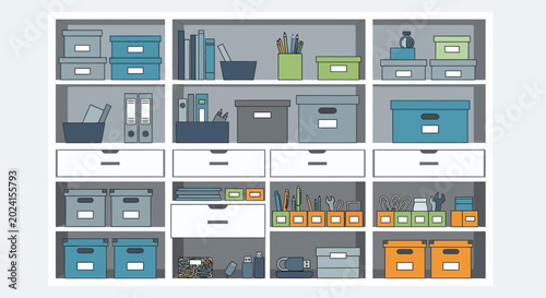 Fotografija Organized office supply storage shelves with boxes, drawers, and containers