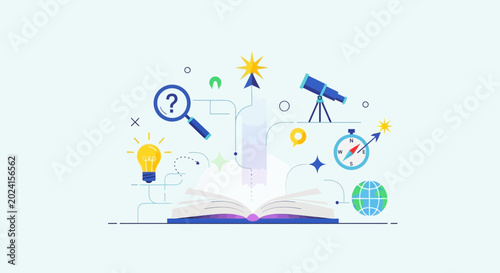 Cuadro en lienzo Open Book with Icons Representing Knowledge, Discovery, Innovation, and Explorat