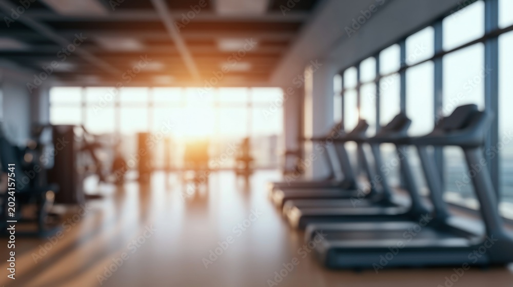 Fototapeta premium Modern gym interior with treadmill row and large windows letting in warm sunlight during early morning workout session