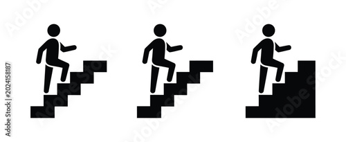 Stairs icon set. Walking up staircase or stairs sign. Man climbs the stairs. Climb up stairs sign. vector illustration