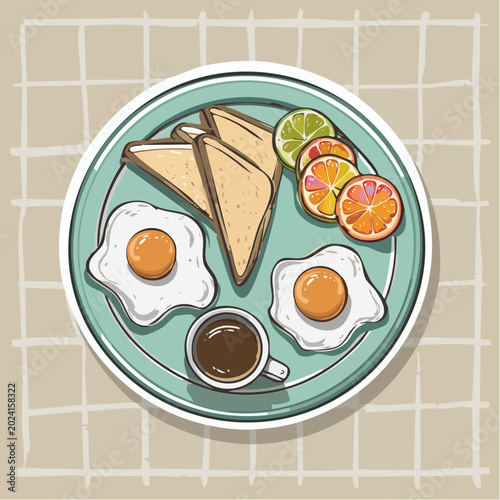 Hand-drawn illustration of a breakfast plate with eggs, toast, fruit, and coffee