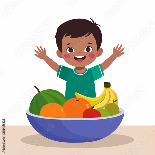 Happy Boy with Bowl of Fresh Fruits