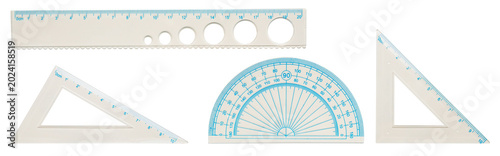 Foto Set of white plastic geometry measurement tools, ruler, protractor, and set squa