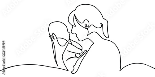 Mother holds the baby continuously One Line Drawing Vector. Mother and Family Love Vector Art.