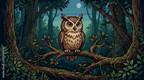 A brown owl perches on a tree branch in a forest under a full moon at night.