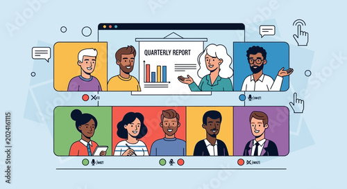 Diverse team in video conference meeting presenting quarterly report