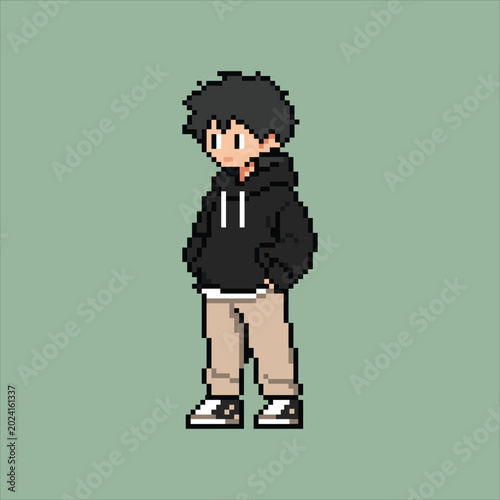 Cute Pixel Hoodie Boy Character with Calm Matcha Green Background