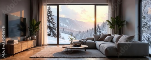 Cozy modern living room with large bay window offering a picturesque snowy winter view, stylish decor, and a warm interior ambiance, snow, large window