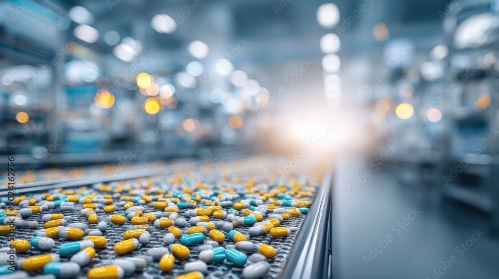 Fototapeta premium Close-Up View of Colorful Pharmaceutical Capsules on Production Line in Modern Factory Setting with Blurred Background and Soft Lighting Effects