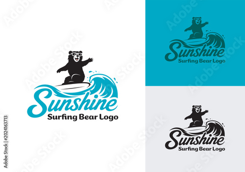 Canvas Print Fun surfing bear mascot logo combined with ocean waves