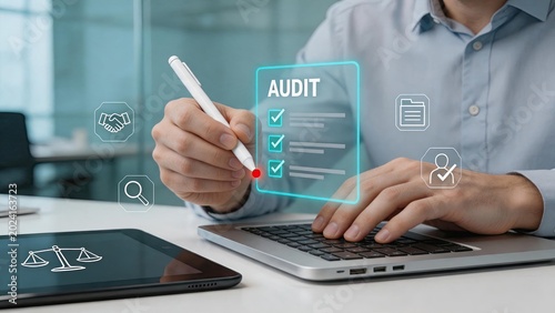 Business audit and compliance checklist review process, professional checking documents on digital tablet interface, legal agreement verification and quality control inspection in
