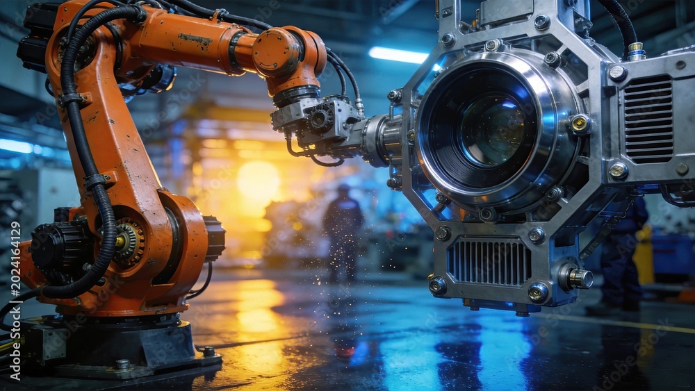 Obraz premium Automated robotic arm inspecting high precision optical lens component using machine vision camera system in advanced manufacturing facility production line