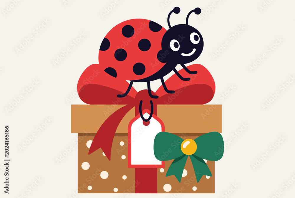 Fototapeta premium Whimsical holiday illustration features cute ladybug sitting atop polka dot gift box decorated with green bow and red ribbon.