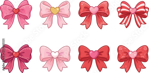 Schilderij op canvas Cute Valentine Ribbon Bow Illustration Set with Heart Decorations, Pink Gift Kno