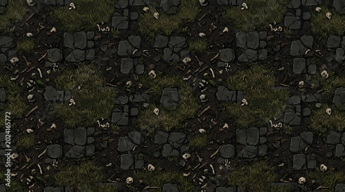 Dark digital photograph showing a top down view of an ancient stone path scattered with old human skulls and weathered bones nestled within patches of wild overgrown green forest grass