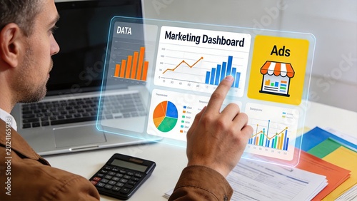 Businessman analyzing marketing dashboard on transparent screen, data visualization, advertising metrics, sales statistics, financial reports, corporate office workspace, digital