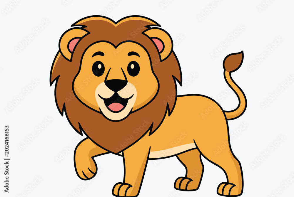 Obraz premium Cute cartoon illustration of a friendly young lion walking with a happy expression on a plain white background surface.