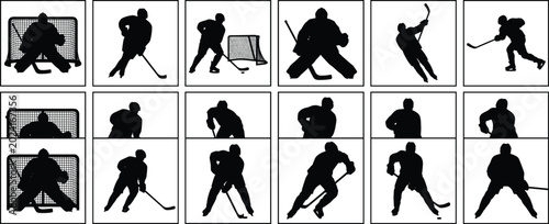 Quadro su tela Ice Hockey Player Silhouette Icon Set with Goalkeeper Skating Action Poses and S