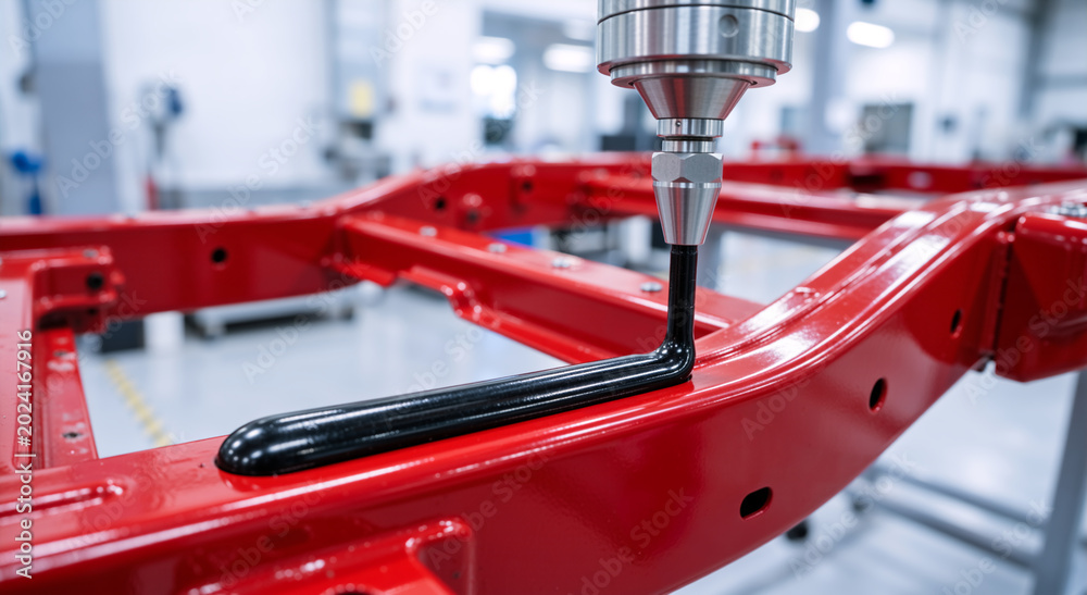 Naklejka premium Automated robotic nozzle dispensing black sealant onto a red metal chassis. Precision manufacturing process in an industrial factory setting