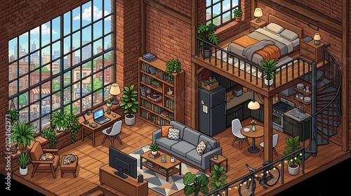 Detailed pixel art illustration of a cozy loft apartment showcasing a stylish living area with a bedroom mezzanine level plus a large window overlooking a busy city street urban landscape