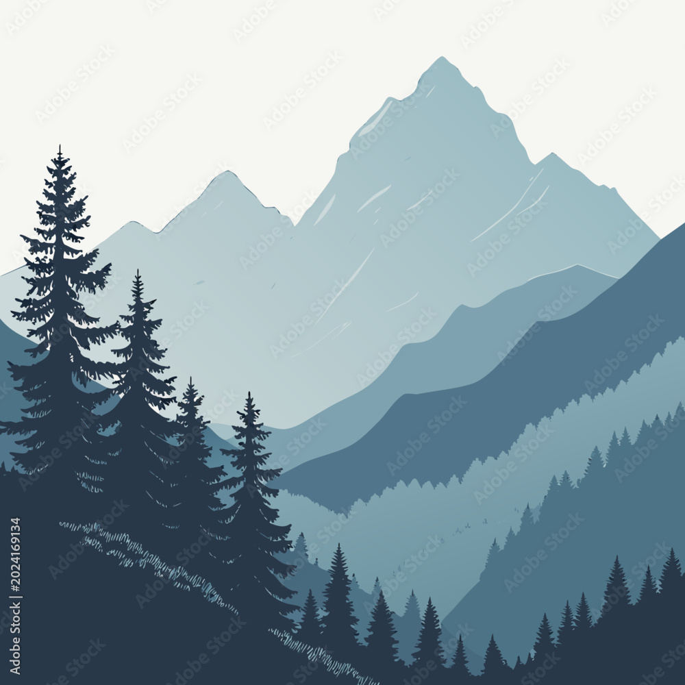 Fototapeta premium Blue mountain peak and pine forest landscape vector illustration with layered hills, mountain