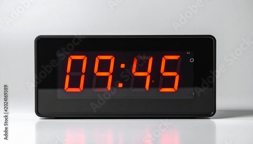Digital alarm clock shows nine forty five in glowing red numbers on a smooth white surface area.