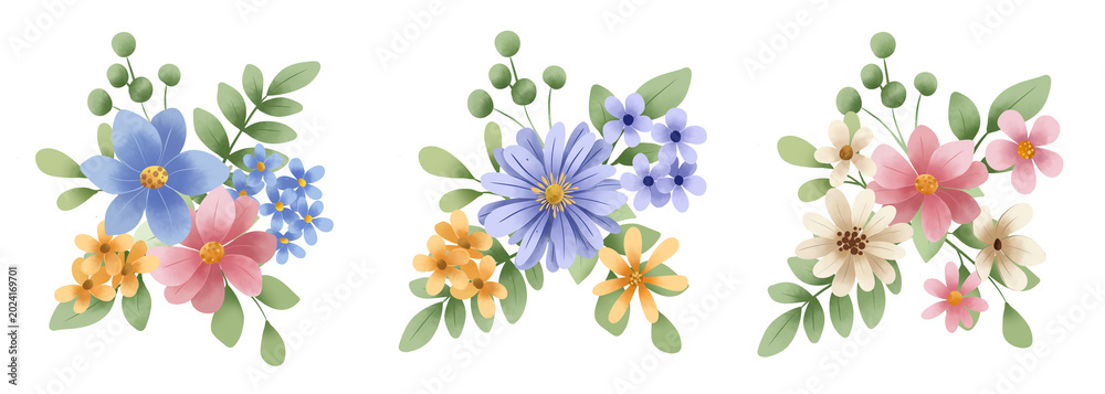 Obraz premium Bouquets set, blossom arrangements. Watercolor clip art hand painting, floral background. Flowers compositions isolated on white background.