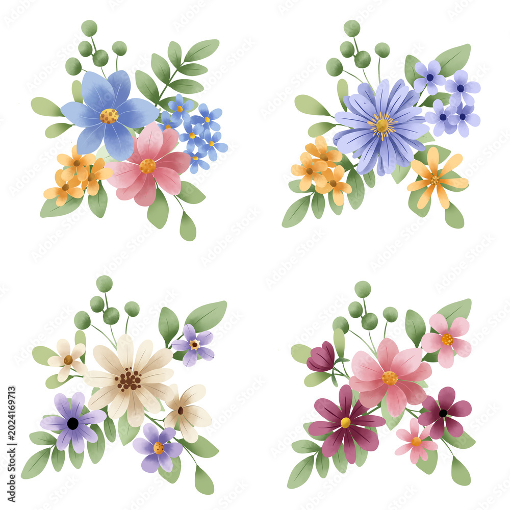 Obraz premium Bouquets set, blossom arrangements. Watercolor clip art hand painting, floral background. Flowers compositions isolated on white background.