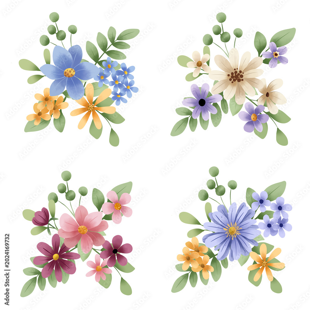 Obraz premium Bouquets set, blossom arrangements. Watercolor clip art hand painting, floral background. Flowers compositions isolated on white background.