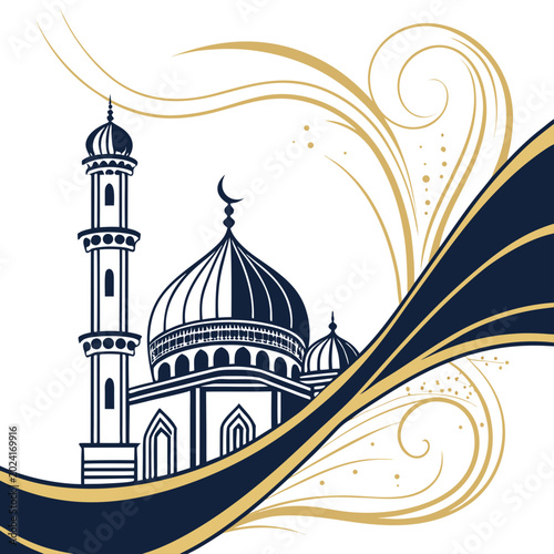 Bild auf Leinwand Islamic mosque illustration with decorative waves and minaret architectural deta