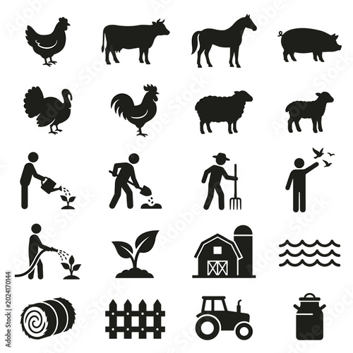 Varied farm animal, agriculture, and rural life silhouettes. Essential vector icons depicting farming tasks, harvest, and countryside elements