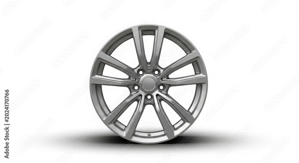 Obraz premium Silver metallic alloy car wheel rim shown in a crisp studio photo representing high performance automotive parts for luxury vehicles