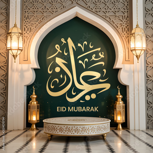 Eid Mubarak calligraphy gold Arabic greeting in ornate mosque archway with lanterns