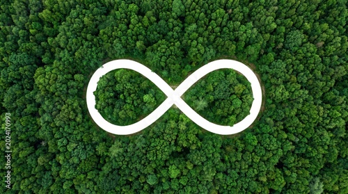 Aerial view of a winding road shaped like an infinity symbol in the middle of a lush green forest