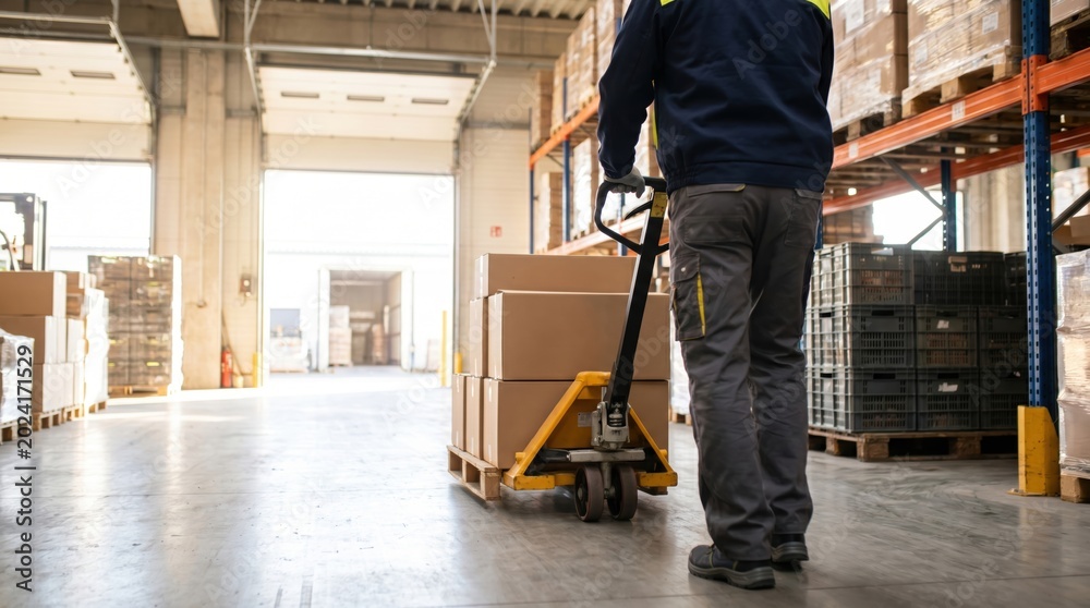 Fototapeta premium Warehouse worker moving a pallet with cardboard boxes using a manual pallet jack