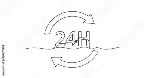 Fotografie Minimalist continuous line art of 24h cycle icon for non-stop service availabili