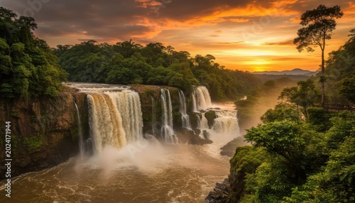 Beautiful waterfall cascading through lush green forest at sunset