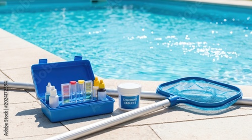 Pool maintenance kit with water testing equipment, chlorine tablets, and a skimmer net on a poolside deck